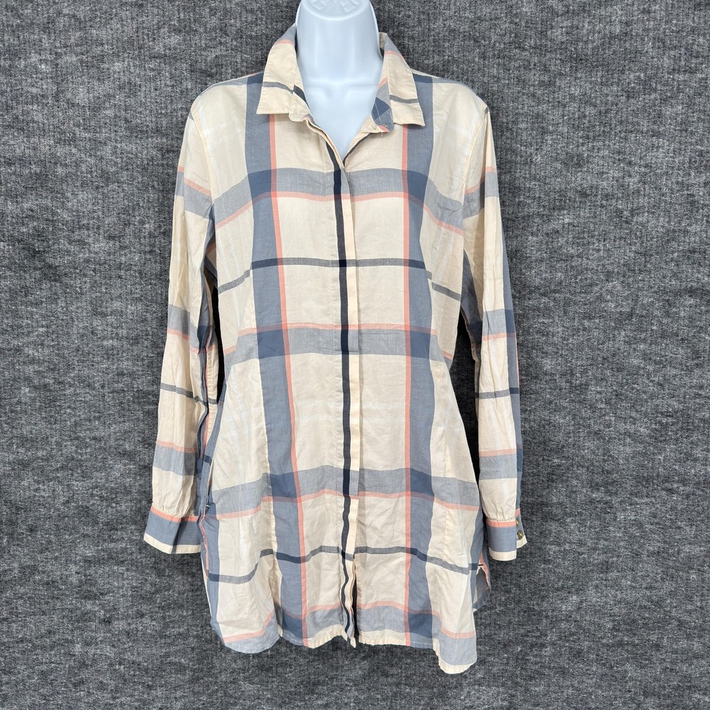Barbour Shirt Womens 10 White Plaid Tartan Button Front Tunic Fit Long Sleeve